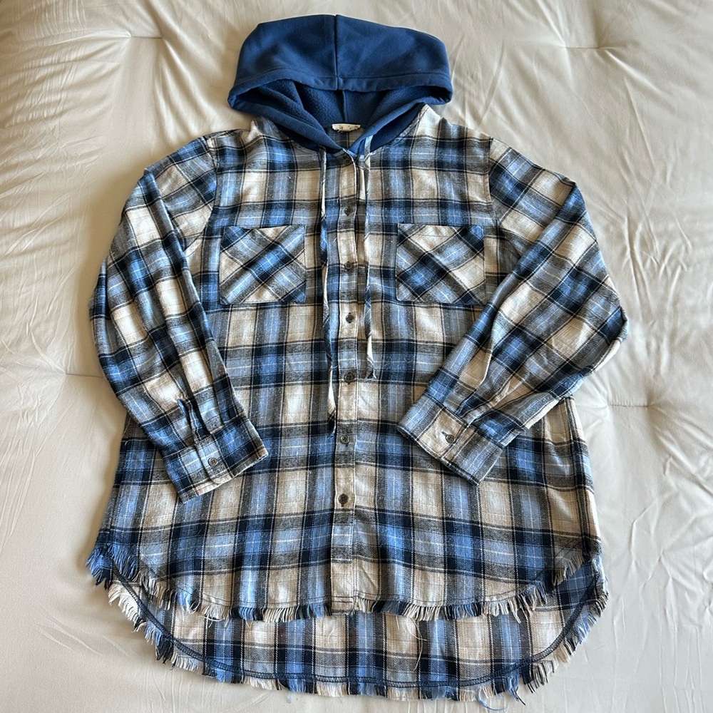 Blue Plaid Hooded Flannel Shirt